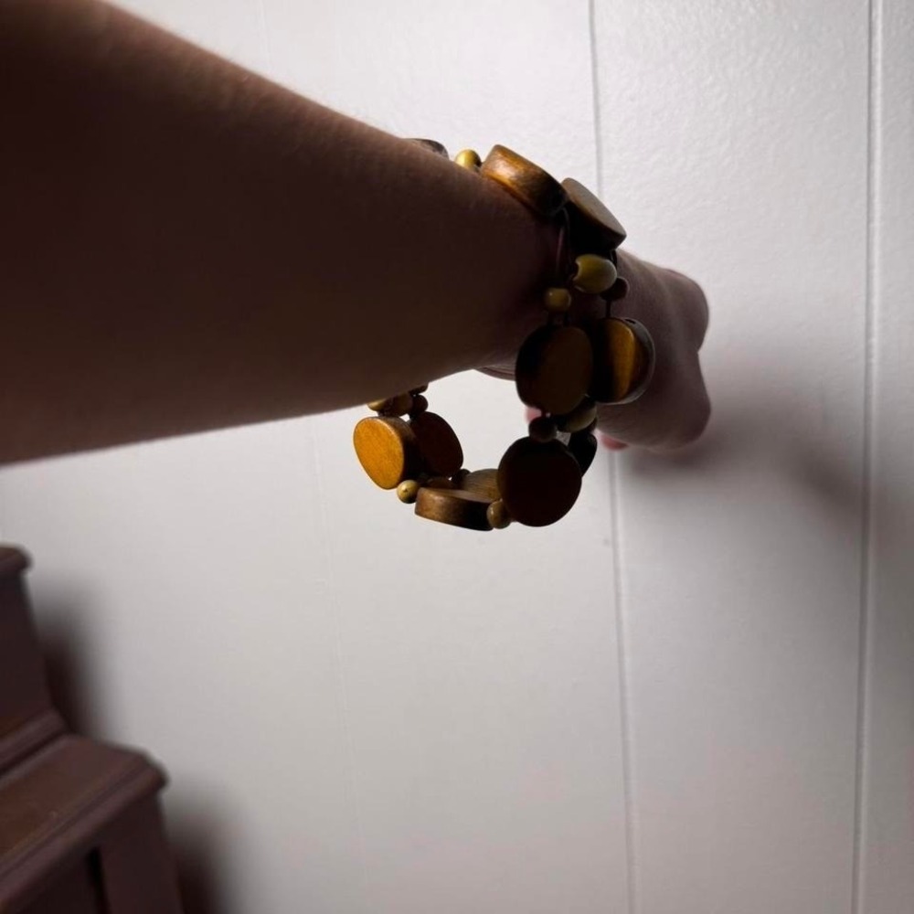 Boho Wooden Disc Stretch Bracelet Earthy Brown Olive Green Beaded Statement - Picture 5 of 8
